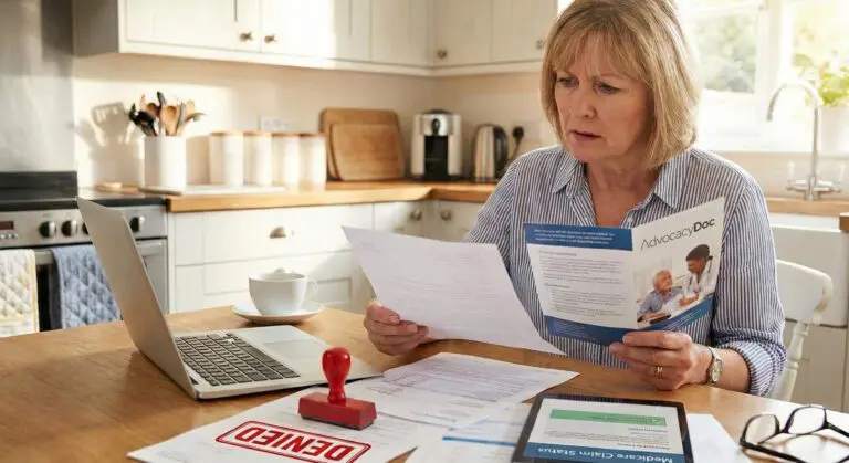 Patient reviewing denied Medicare insurance claim paperwork