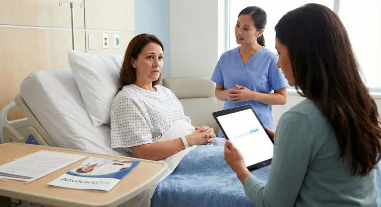 Healthcare professional consulting with a patient about a hospital transfer.