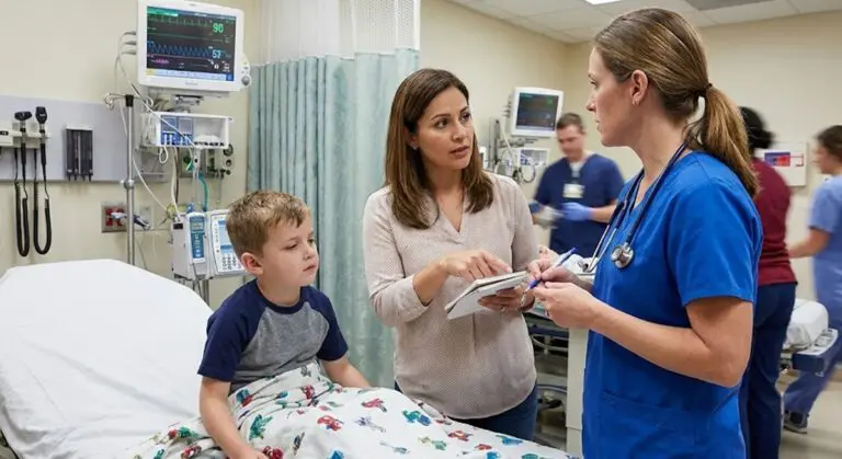 Parent discussing child’s emergency care with nurse