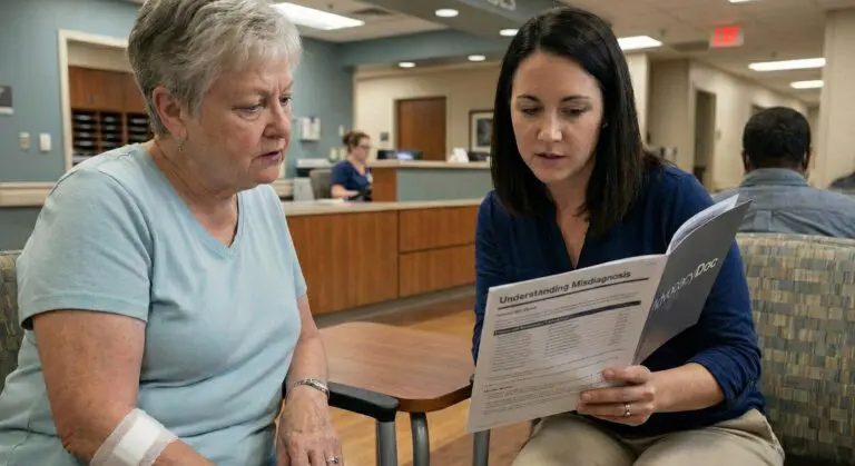 Patient reviewing medical diagnosis information with healthcare advocate