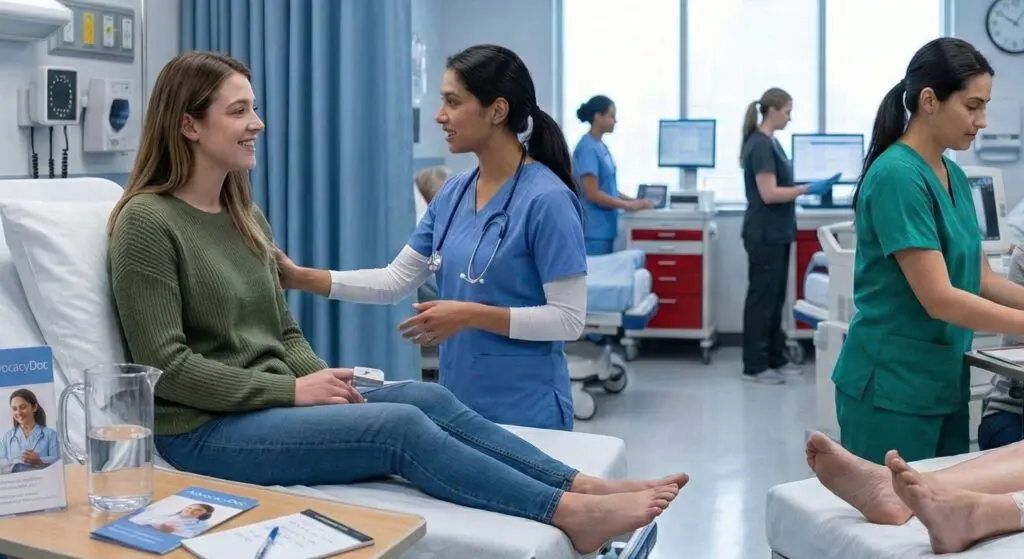 Nurse speaking with a patient in a hospital emergency department