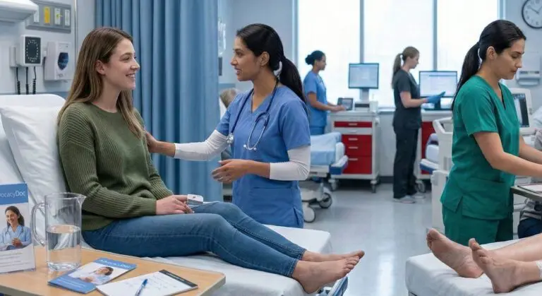 Nurse speaking with a patient in a hospital emergency department