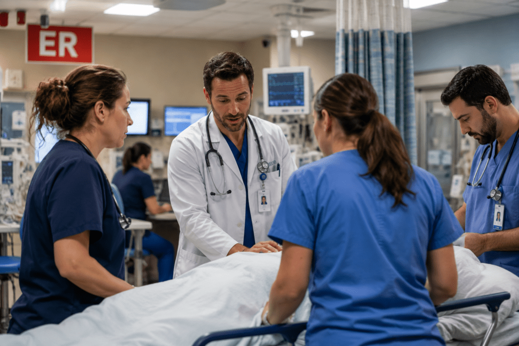 Emergency room doctor explaining staff roles to a patient