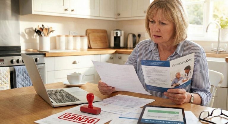 Patient reviewing denied Medicare insurance claim paperwork