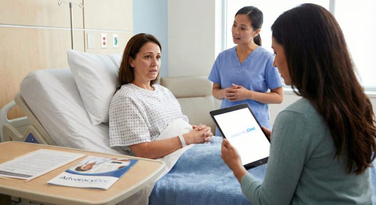 Healthcare professional consulting with a patient about a hospital transfer.